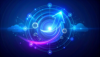 Fototapeta premium Upward arrow forming a spiral, with small digital symbols orbiting it