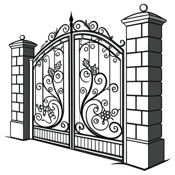 Ornate black silhouette of a vintage wrought iron gate slightly opened curved floral and swirl motifs on each door one door ajar creating a welcoming entrance effect detailed side pillars