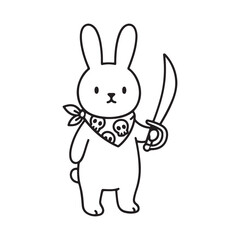Cute Pirate Bunny Rabbit With Sword And Skull Bandana Line Art Vector Design