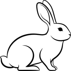Side-profile line drawing of rabbit sitting upright with raised paws and detailed ears, cad sketch style flat vector illustration