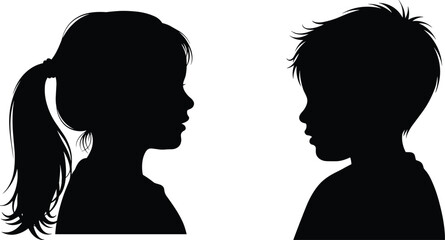 Silhouettes of long-haired and short-haired figures facing each other, cad drawing flat vector illustration, human profile, social concept