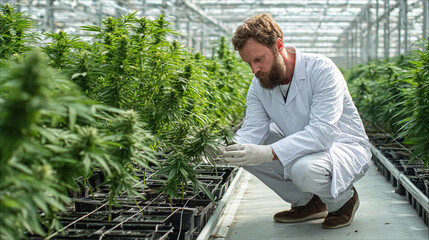 A person in a white lab coat inspects plants in a modern greenhouse, surrounded by rows of lush greenery. The facility exemplifies advanced agricultural techniques and meticulous plant care.