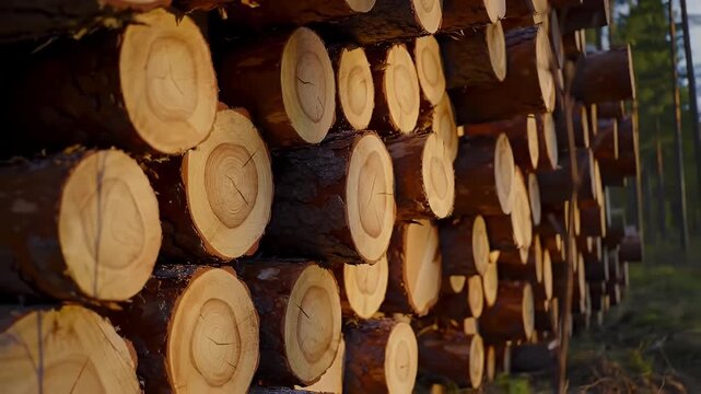 Close Up Stacked Tree Logs Revealing Natural Wood Grain Texture and Warm Lighting Forest Background