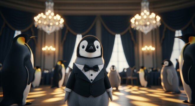 Emperor Penguin Formal Affair - A charming baby emperor penguin, dressed in a tuxedo, attends a formal black-tie event. Symbols: elegance, formality, cuteness, celebration, wildlife