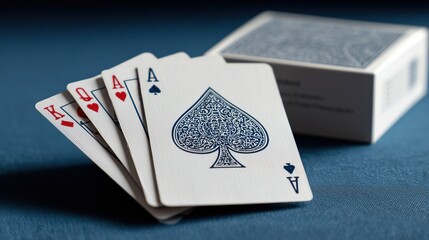 Quatre as de cartes a jouer disposes en eventail sur table bleue