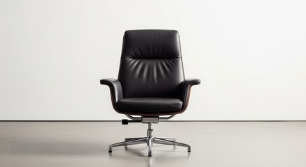 Fototapeta premium Executive Swivel Office Chair - Sleek black leather executive chair with a polished chrome base and wooden accents. Perfect for modern office spaces