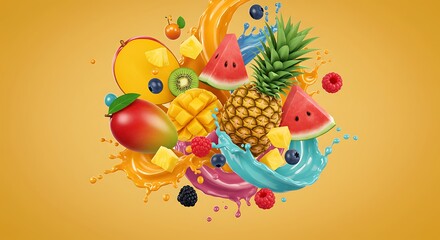 Assorted fruits with colorful liquid splashes on a yellow background, a vibrant and refreshing display
