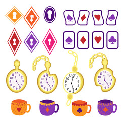 Wonderland vector illustrations. White rabbit, Alice, cat, hat, key, clock, cup of tea and rose, mushrooms and others