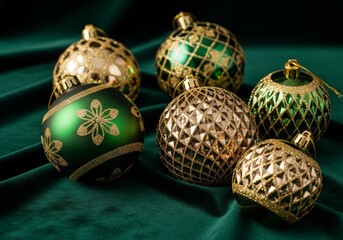 Obraz premium Festive Green and Gold Christmas Ornaments - Elegant Christmas ornaments in green and gold, symbolizing joy, tradition, hope, prosperity, and celebration
