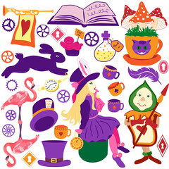 Wonderland vector illustrations. White rabbit, Alice, cat, hat, key, clock, cup of tea and rose, mushrooms and others
