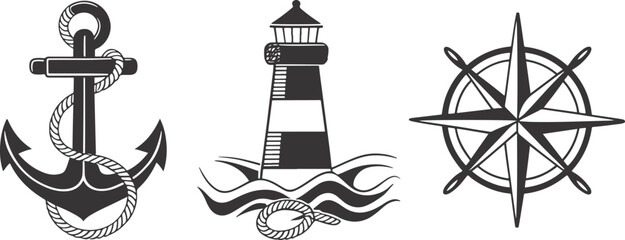Nautical Vector Illustration Set. Anchor, Lighthouse, and Compass Rose Icons in Black Silhouette Style for Marine Design