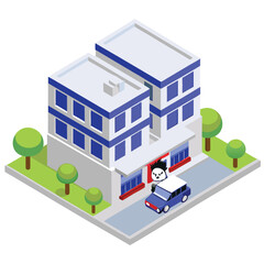 isometric office building with car commercial