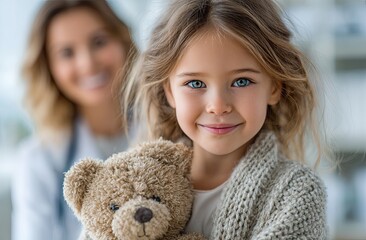 Cute girl holding a teddy bear while a doctor is in the background, with a blurred white clinic room in the background