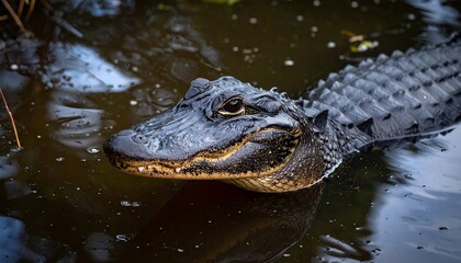 Magnificent alligator swimming in the swamp waters displaying natural camouflage and raw power