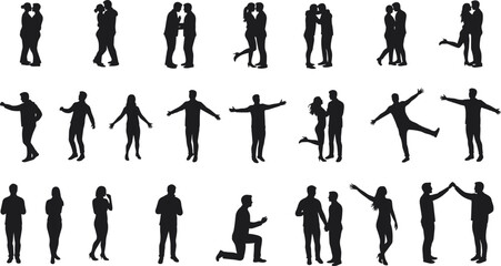 Silhouette collection of couples and individuals in various standing, dancing, talking, hugging, proposing poses, black vector illustration design elements.