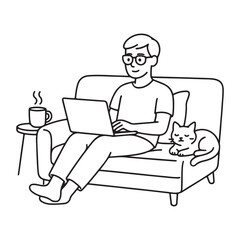 Man Working on Laptop Sitting on Sofa with Cat and Hot Coffee Mug

