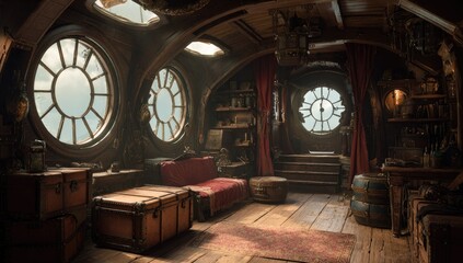 Obraz premium Interior room with round windows and antique furniture