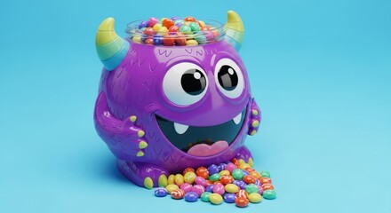 Fun Monster Candy Jar - A playful purple monster-shaped candy jar overflowing with colorful sweets. Symbolizing fun, treats, Halloween, childhood, and whimsy