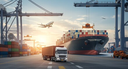 A busy port scene showing a cargo ship, truck, airplane, and several shipping containers and cranes