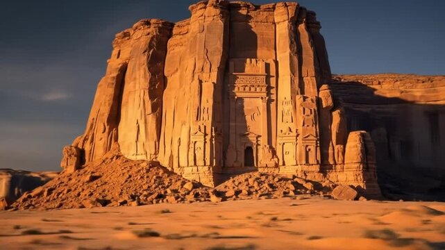 Majestic desert monument in warm sunlight Al Ula Saudi Arabia featuring ancient sandstone formations and stunning landscape scenery under a clear blue sky
