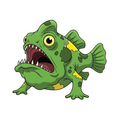 A cartoon illustration of a fierce, green fish with large teeth and yellow spots, open mouth.