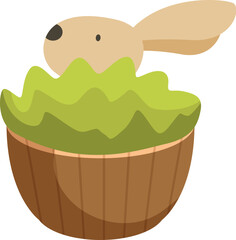 Adorable cartoon rabbit peeking out from a wooden basket filled with fresh green grass