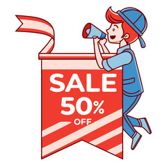 Minimalist SALE 50% OFF Ribbon Banner in Bold Red and White &ndash; Clean Promotional Label for E-commerce, Discounts, and Retail Marketing.svg
