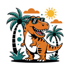 Funny T-Rex on Summer Beach Cartoon Vacation T-Shirt Design
