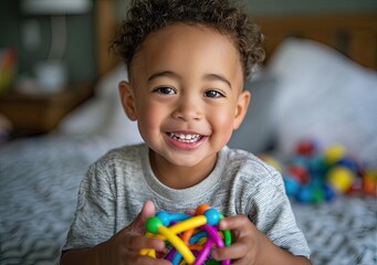 A young boy playing with an educational toy, laughing and having fun in his bedroom at home