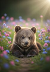 Obraz premium Grizzly Cub in Wildflower Meadow - Adorable grizzly bear cub resting amidst vibrant wildflowers, bathed in sunlight. A charming wildlife scene