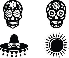 Dia de los muertos sugar skulls sombrero and sun icons