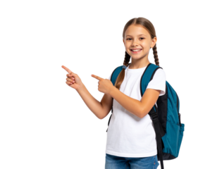 A child with a satchel points with his index finger at your advertisement on a white