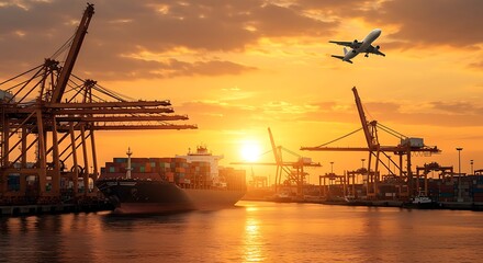 Obraz premium Cargo ship and plane at port with cranes during sunset reflecting on the water surface