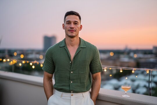 Young man in green shirt stands confidently on rooftop during sunset, city skyline in background, with warm lights creating a relaxed evening atmosphere