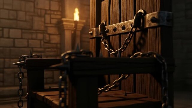 Medieval torture chair with spikes and chains in a dark dungeon room with torch light ominous background medieval theme
