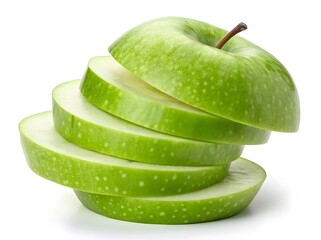 A sliced green apple stacked on a white background showing the fruit's texture and natural colors