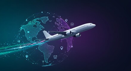 Airplane flying over a digital globe with location pins and connecting lines on a dark background