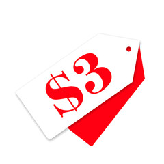 $3 only png red colour, clear price sticker, flat red badge, stylish sale tag, digital promo label,