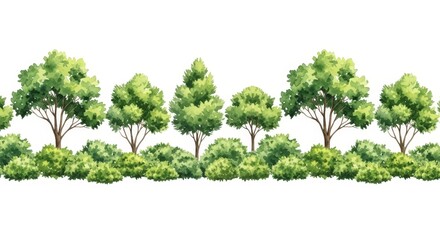 Fototapeta premium Lush Green Tree and Bush Border - watercolor illustration of a vibrant green tree and bush border, perfect for design projects. Symbolizing nature, growth, freshness, serenity, and abundance