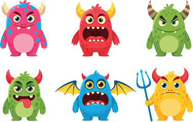 Cartoon monster illustration bundle, expressive creatures with horns, spots and tridents, colorful character design set, playful fantasy artwork, kids vector template for Halloween themes