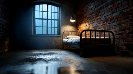 Prison Cell with Dramatic Sunlight Rays Through Barred Window and Metal Bed