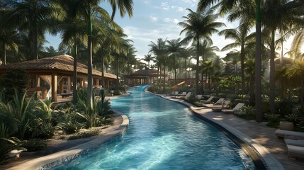 Obraz premium Serene tropical resort with a winding lazy river surrounded by lush palm trees and clear blue skies.
