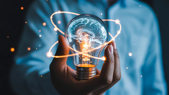 Innovative idea concept with a person holding a lightbulb containing a luminous brain and atoms