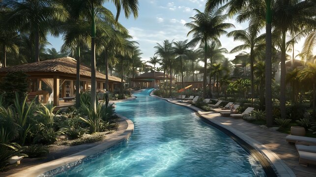 Serene tropical resort with a winding lazy river surrounded by lush palm trees and clear blue skies.