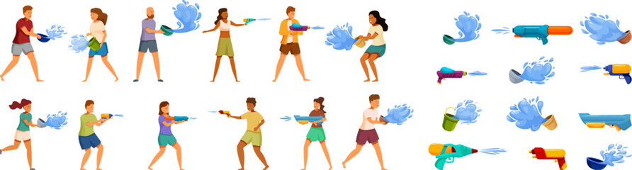Water splashing festival icons set. People celebrating songkran by splashing water using water guns, buckets, and bowls, enjoying the festive atmosphere