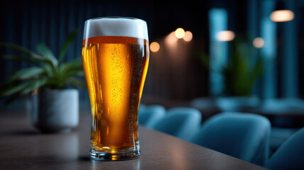 Glass of beer with frothy head sits on wooden table in cozy, dimly lit bar setting
