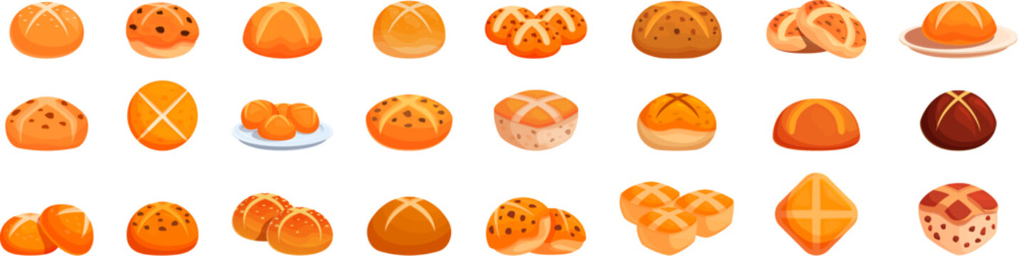 Hot cross bun icons set. Delicious hot cross buns represent a traditional easter treat, depicted here in various shapes and with diverse toppings