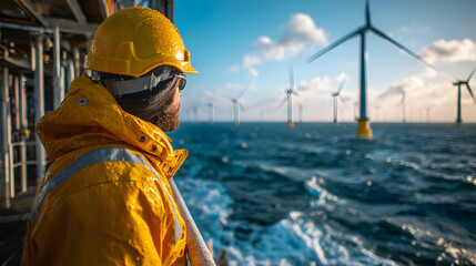 Fototapeta premium Worker in Yellow Helmet Observing Offshore Wind Turbines Against Blue Sky and Ocean Background