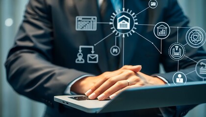Obraz premium Businessman interacting with a digital network of financial and real estate services