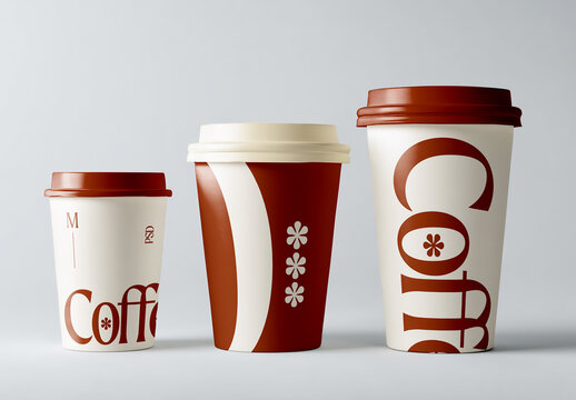 Three Coffee Cup Mockups in Different Sizes on Plain Background